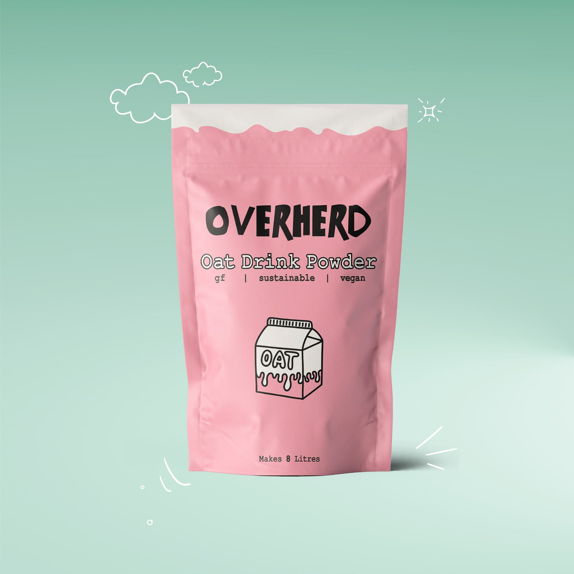 Overherd oat milk powder pouch on green gradient background