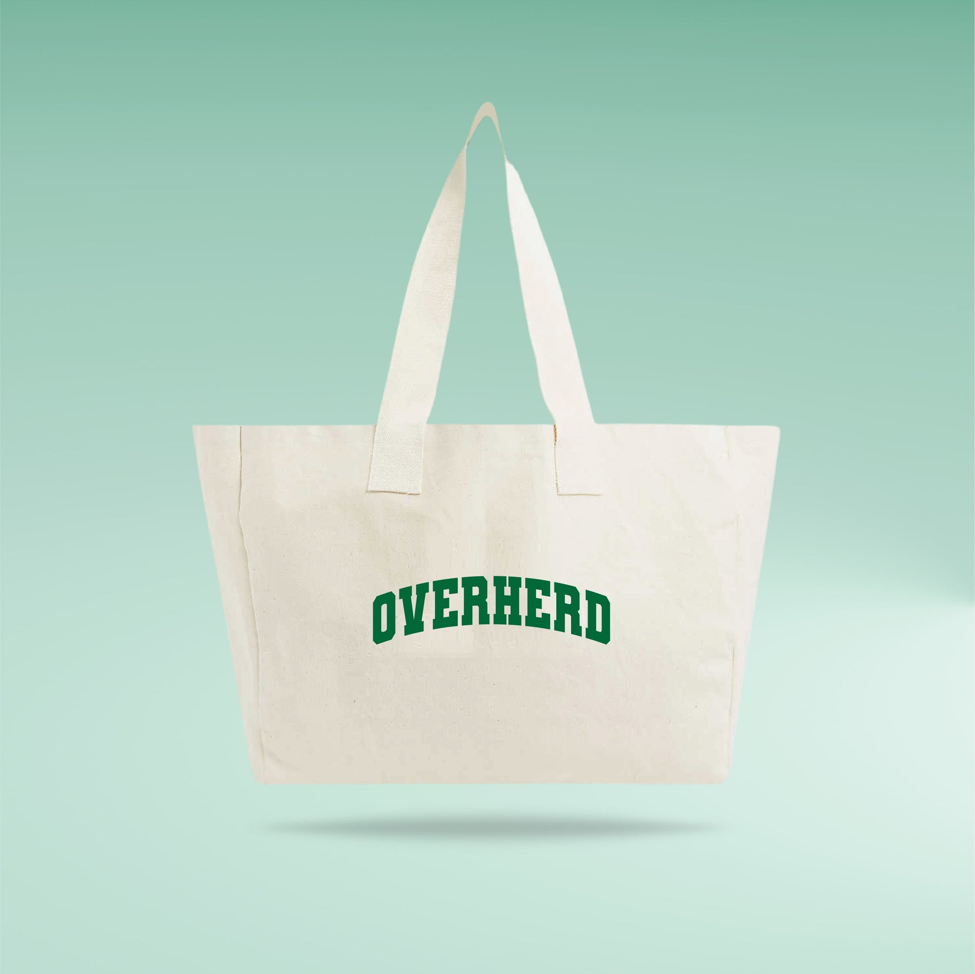 Tote back with green varsity Overherd logo on green gradient background