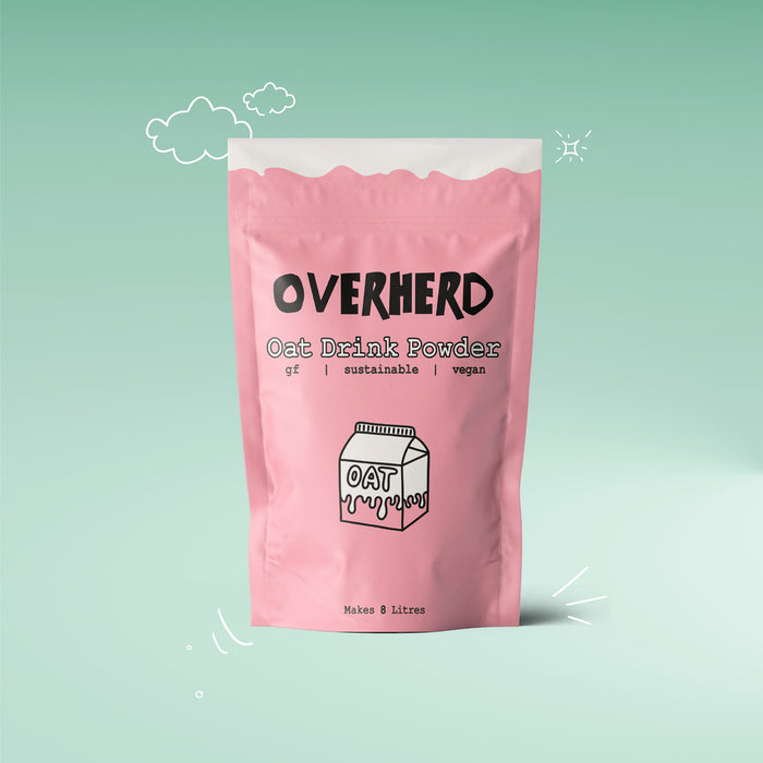 Overherd oat milk powder pouch on green gradient background