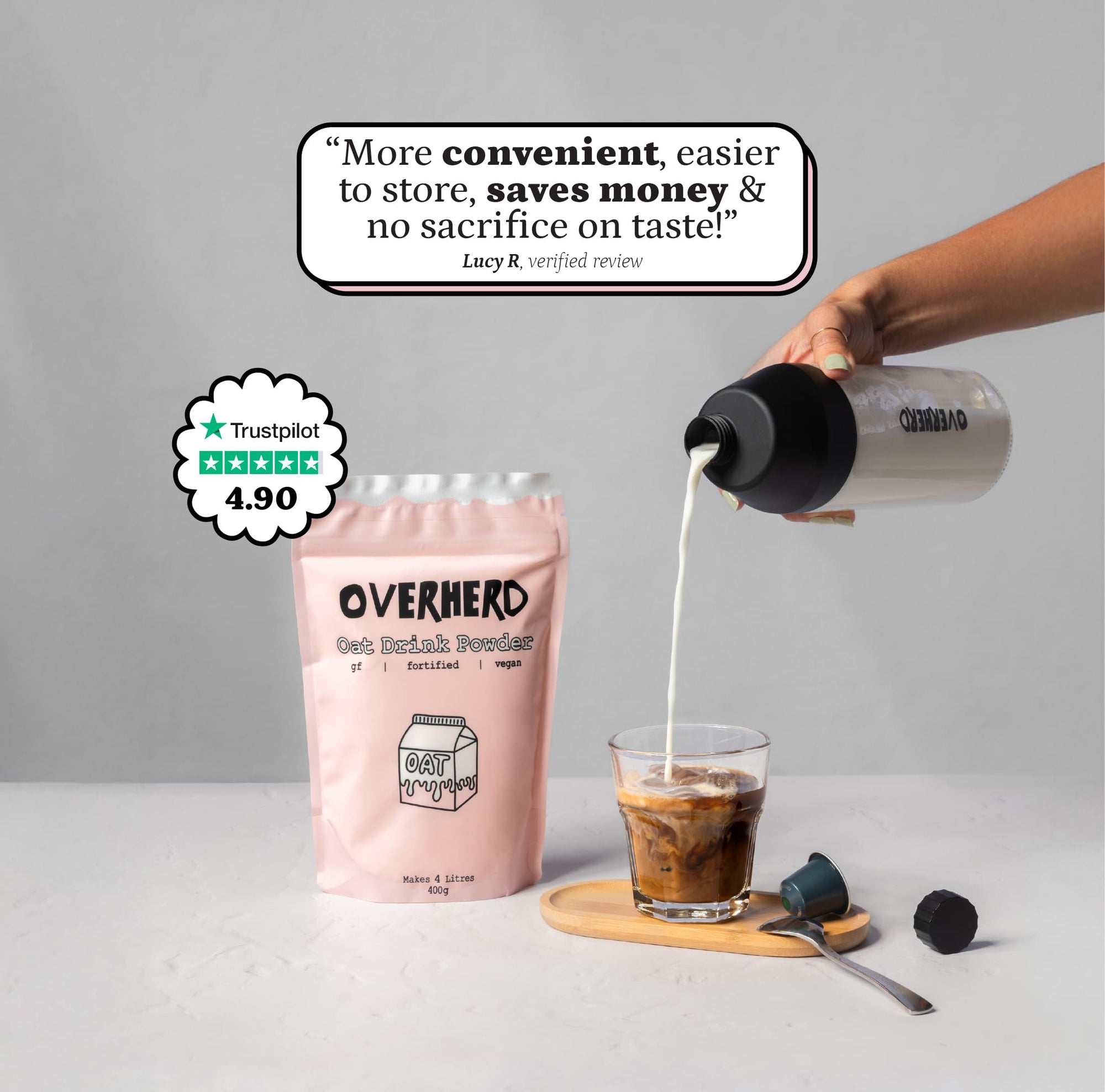 Pouring Overherd oat milk into a coffee, with a customer testimonial above