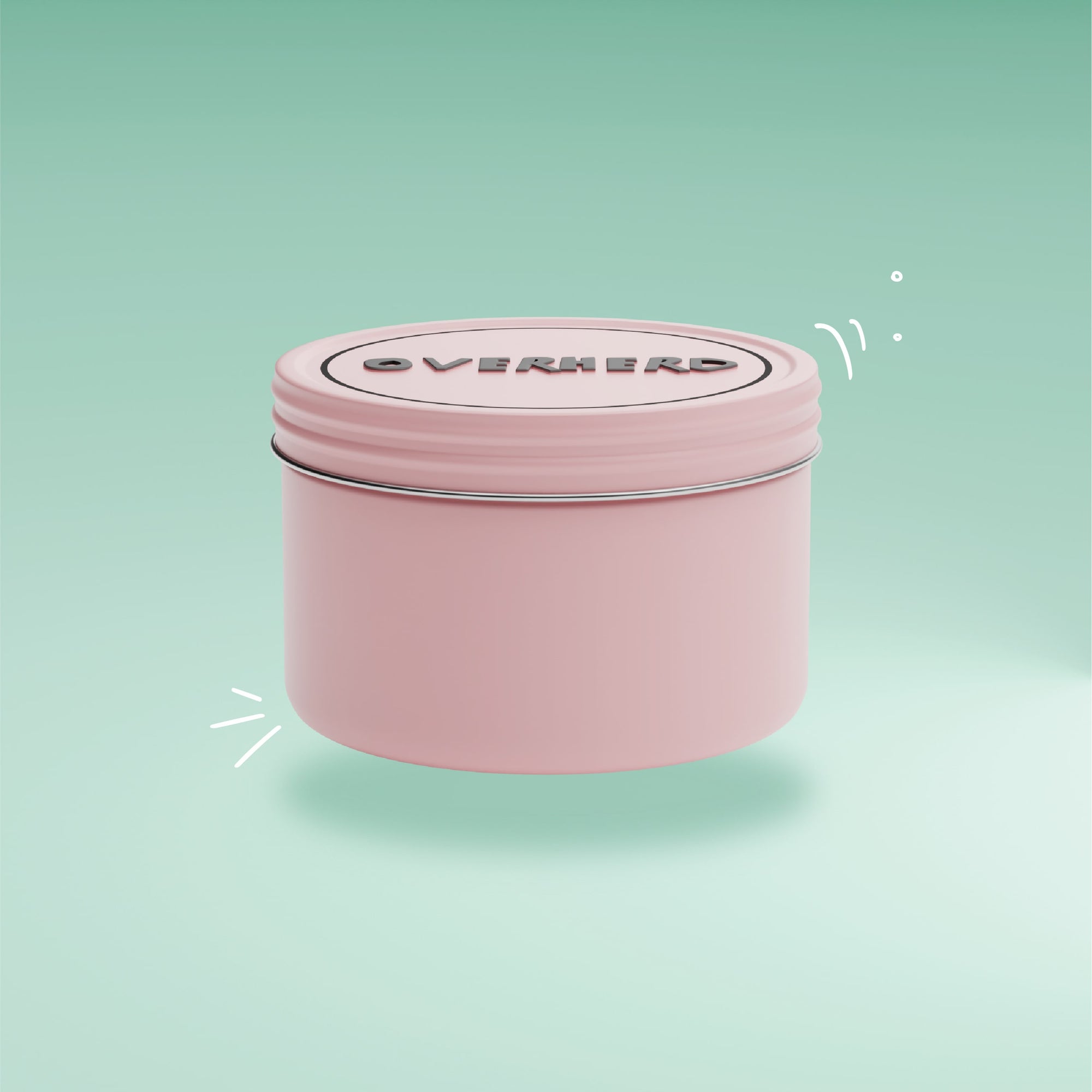 Overherd pink travel tin on green gradient background