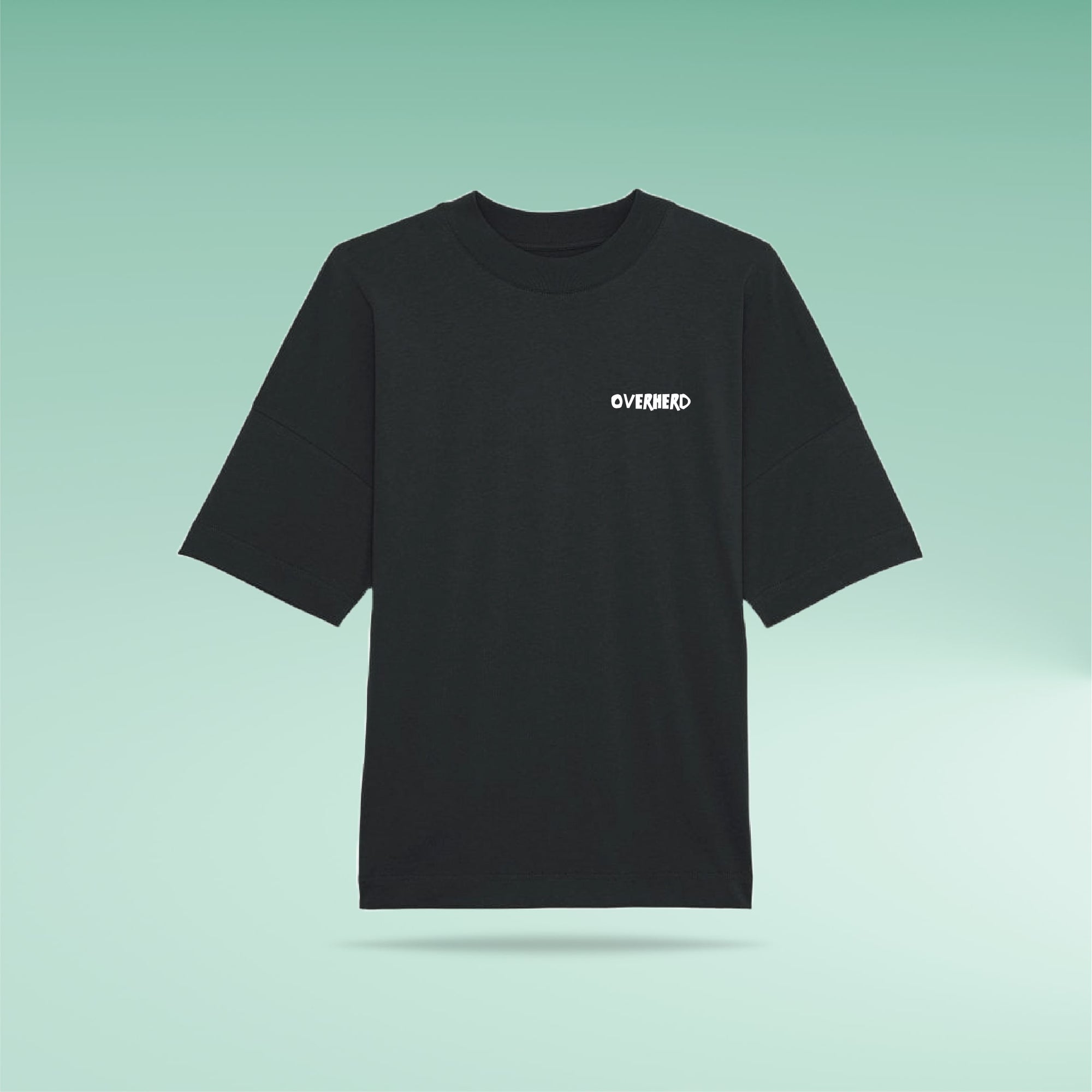 Black t shirt with Overherd oat milk logo on green gradient background