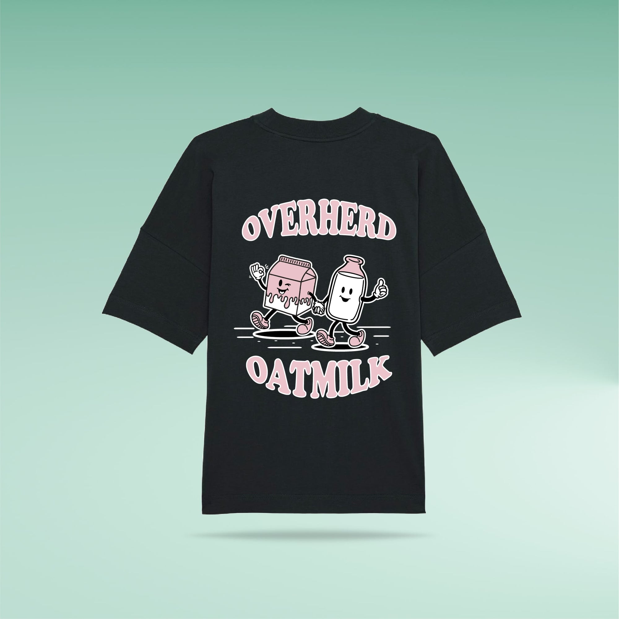 Black t shirt with Overherd cartoon oat milk print on green gradient background