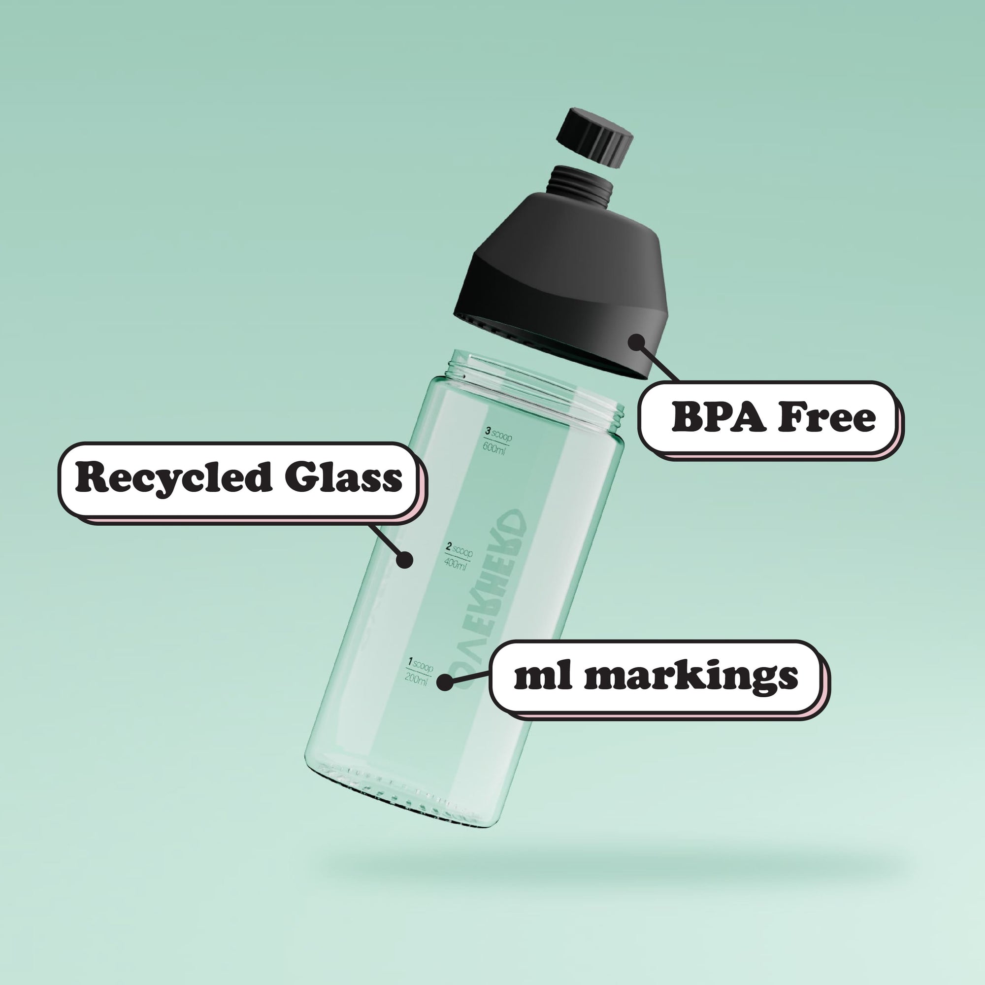 Overherd glass oat milk bottle exploded component view with feature annotations on green gradient background