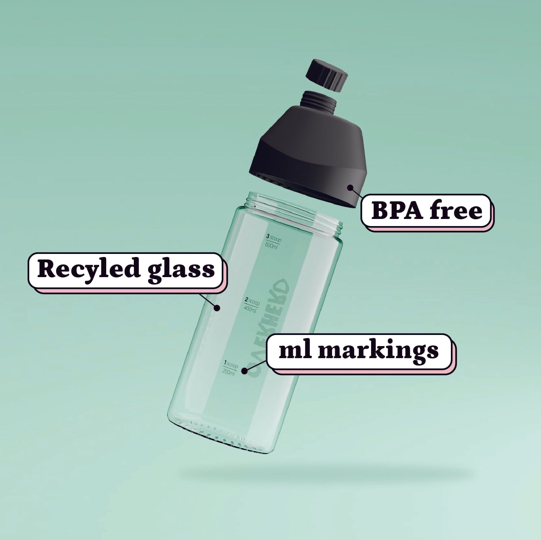 Exploded view of glass bottle with features listed
