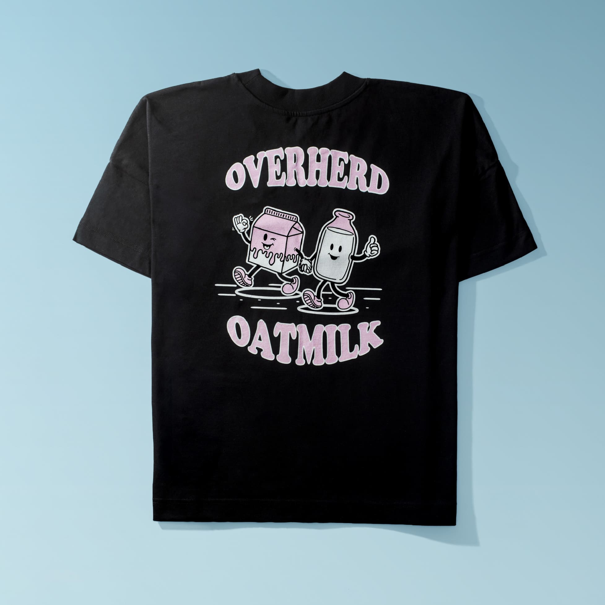 Overherd oat milk t shirt on blue background