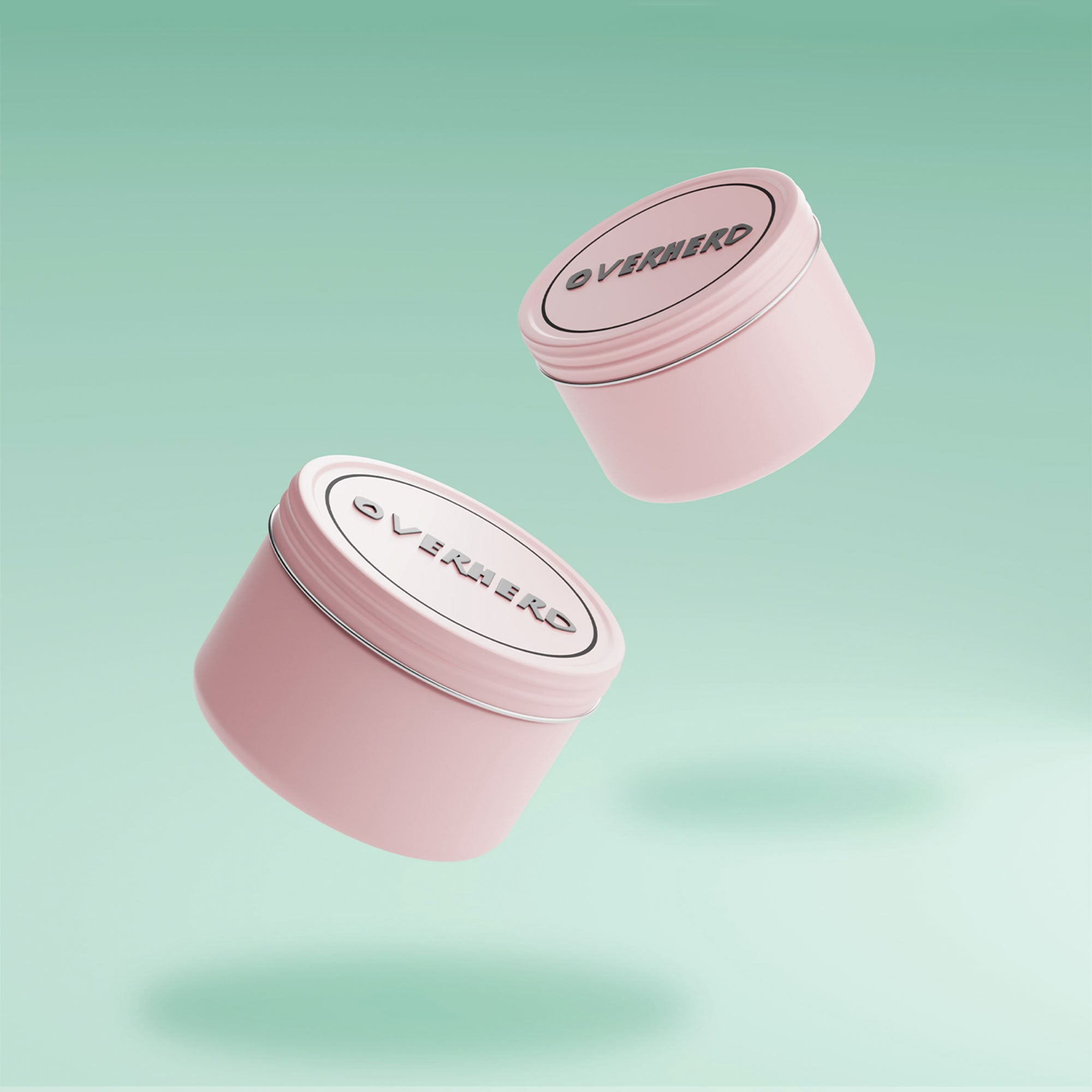 Two pink travel tins floating against a green gradient background