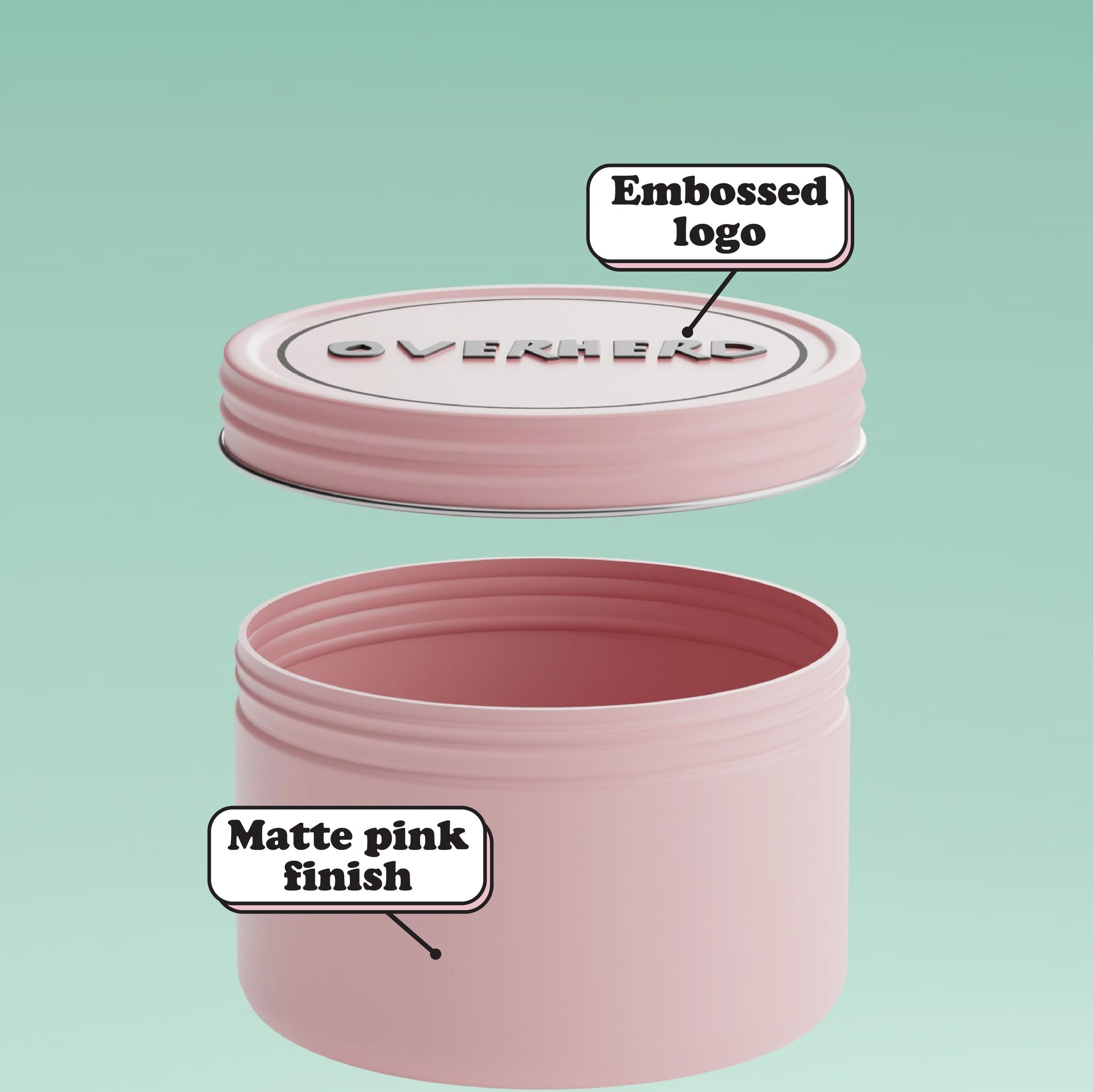 Overherd travel tin exploded view on green gradient background