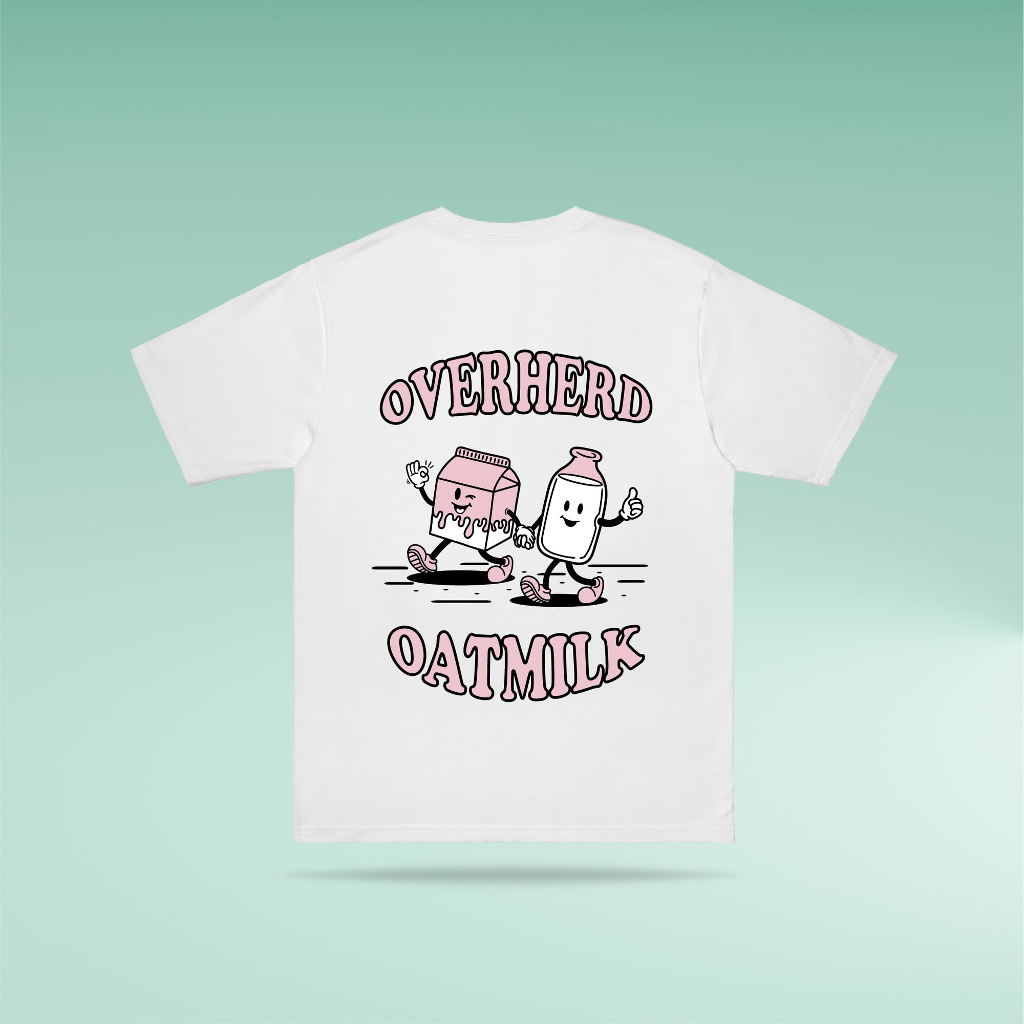 White t shirt with Overherd cartoon print on green gradient background